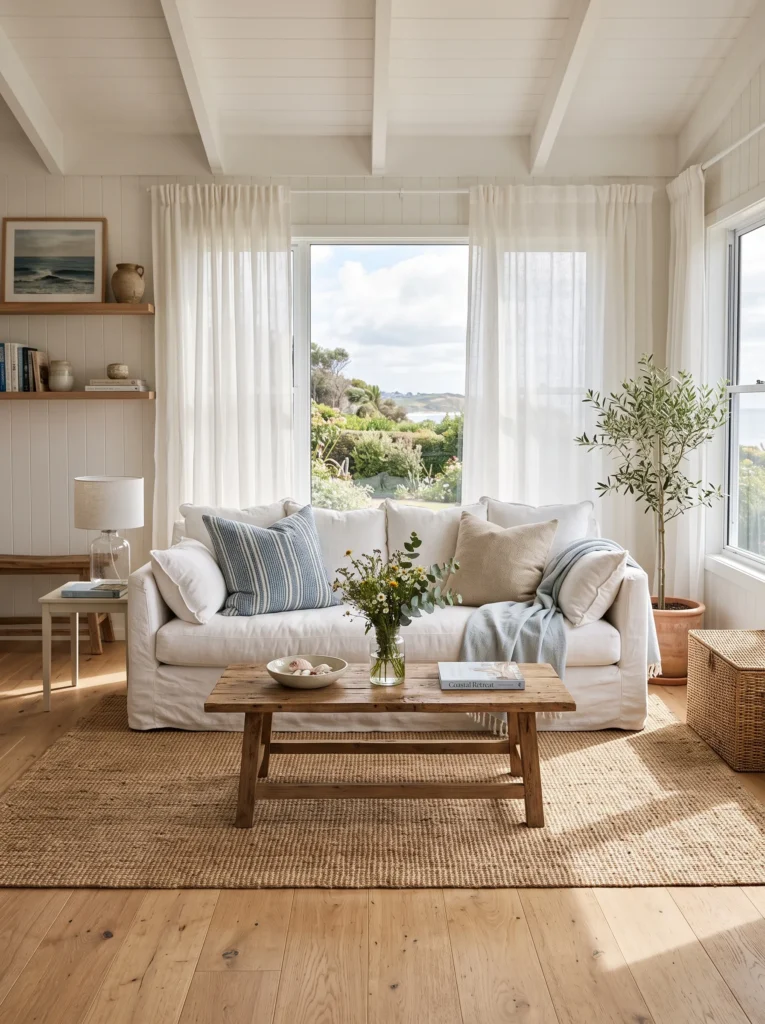 White linen slipcover sofa styled in a sunlit coastal-inspired living room