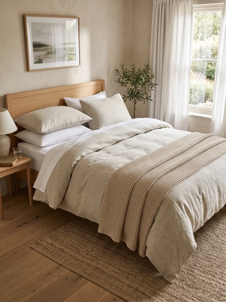 Lightweight oat and stone-white linen bedding, a cooling summer decorations for home idea for the bedroom.