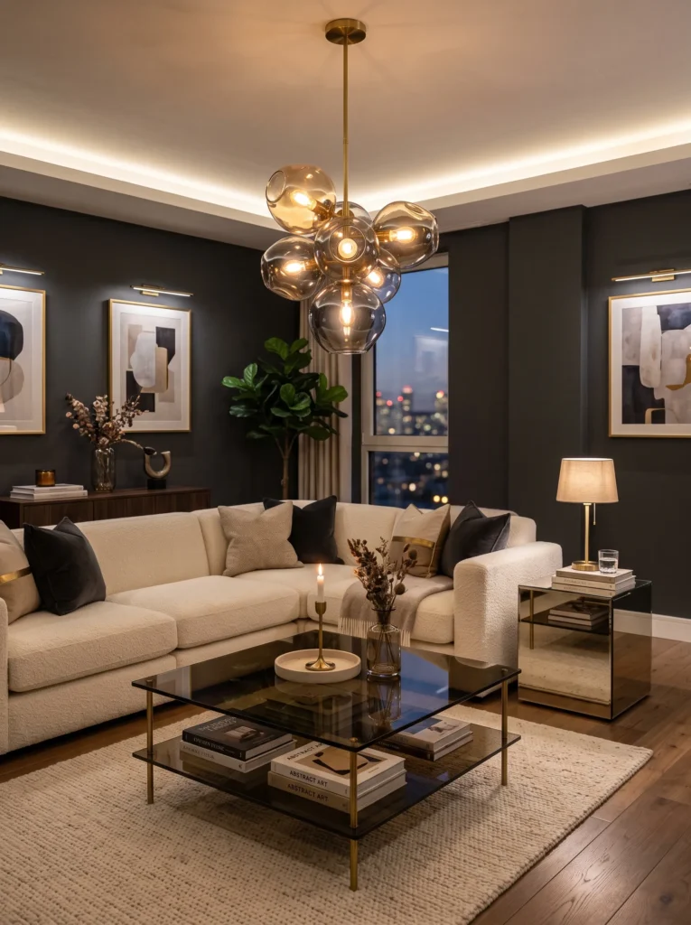 Mixed brass and chrome fixtures with a smoked glass table in a layered living room
