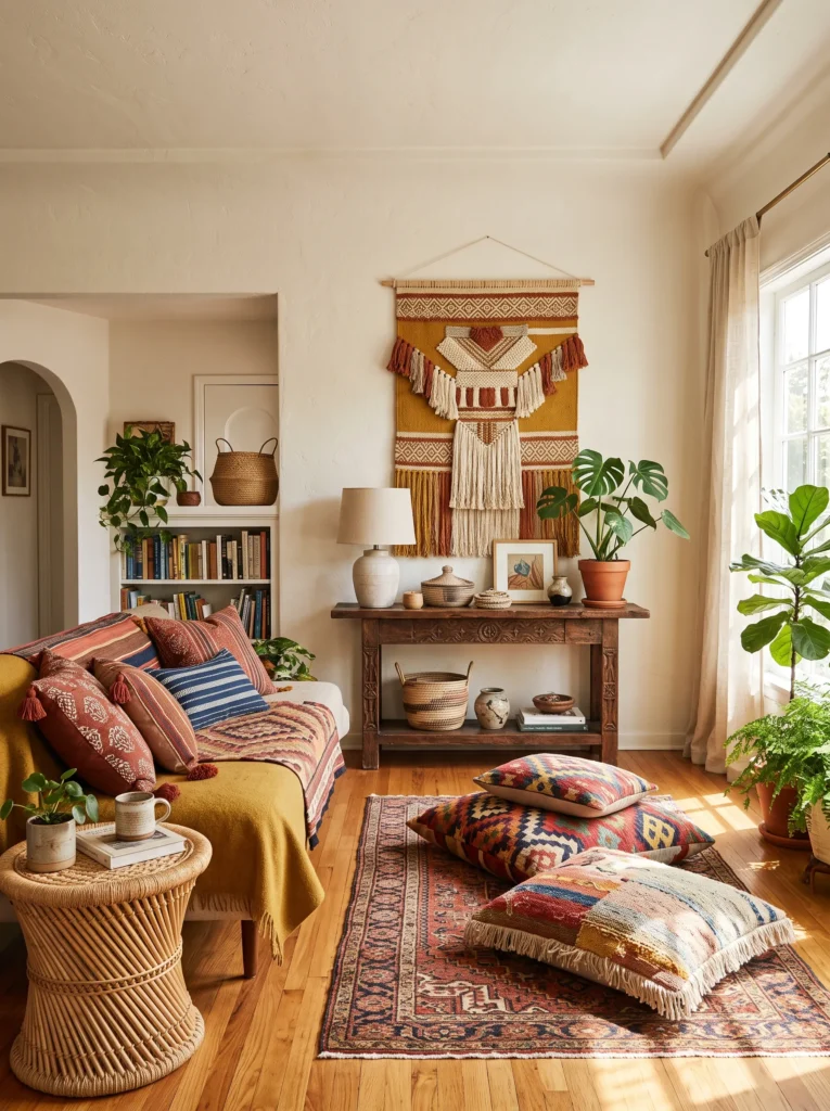 Layered handwoven textiles and carved wood decor in a warm Afrohemian living room