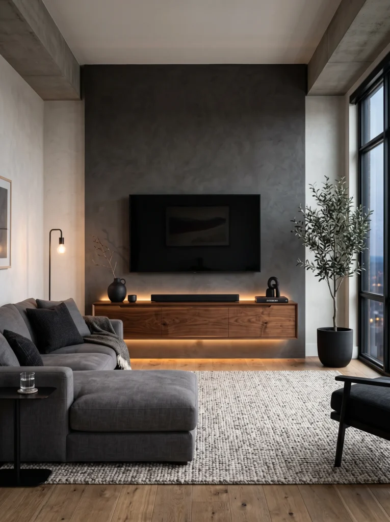 Floating walnut media console beneath a wall-mounted TV in a modern living room