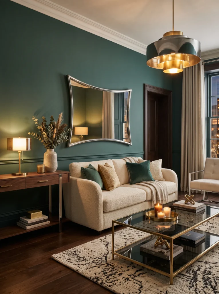 Smoked glass coffee table and mirrored side table reflecting warm living room light