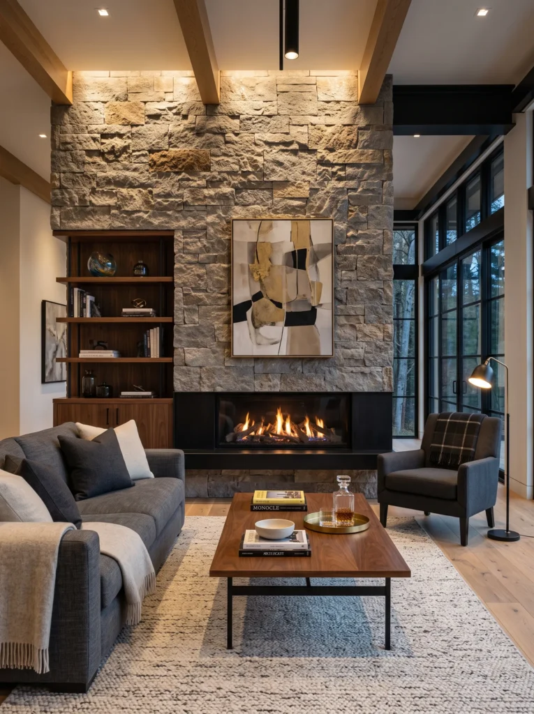 Textured natural stone feature wall behind a fireplace in a masculine living room