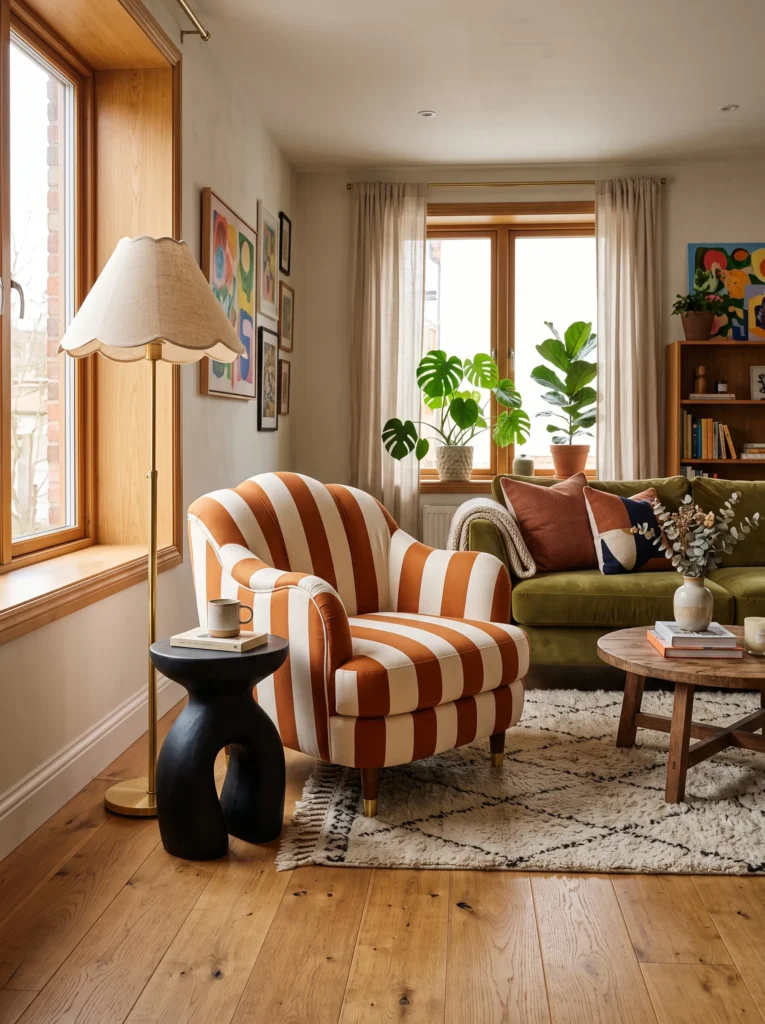 Bold striped accent chair with scalloped lampshade in a playful living room