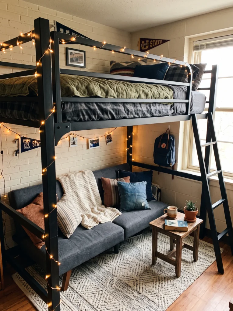 Lofted twin XL bed in matte black metal above a cozy lounge nook with charcoal futon and string lights — dorm room ideas for guys.