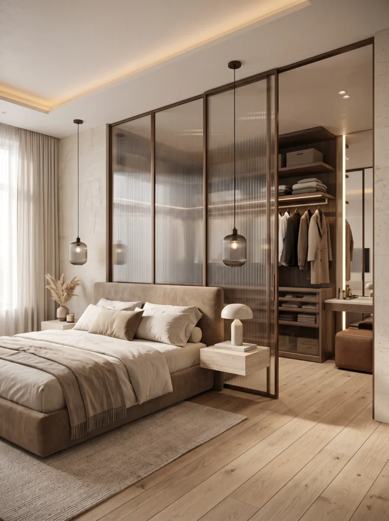 floating travertine nightstands beside a bronze glass wardrobe partition