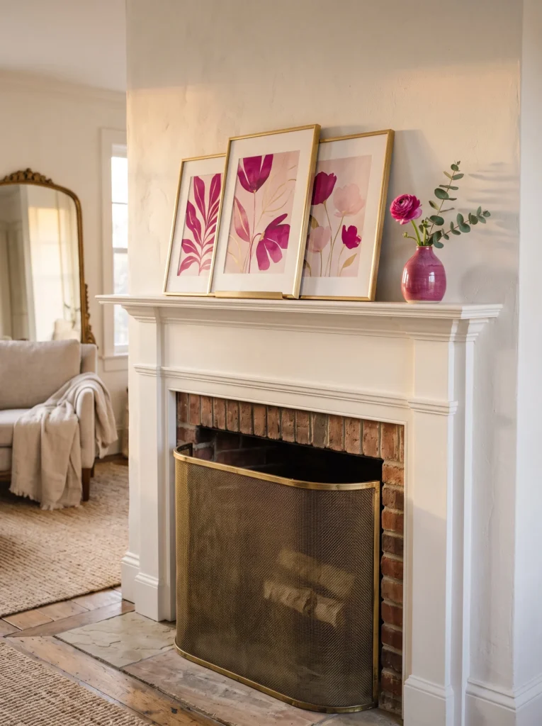 Rolled brass mesh screen filling a fireplace firebox"