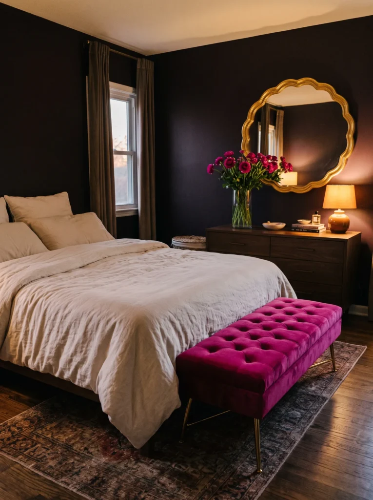 Aubergine-black bedroom wall with a magenta velvet bench and gold mirror
