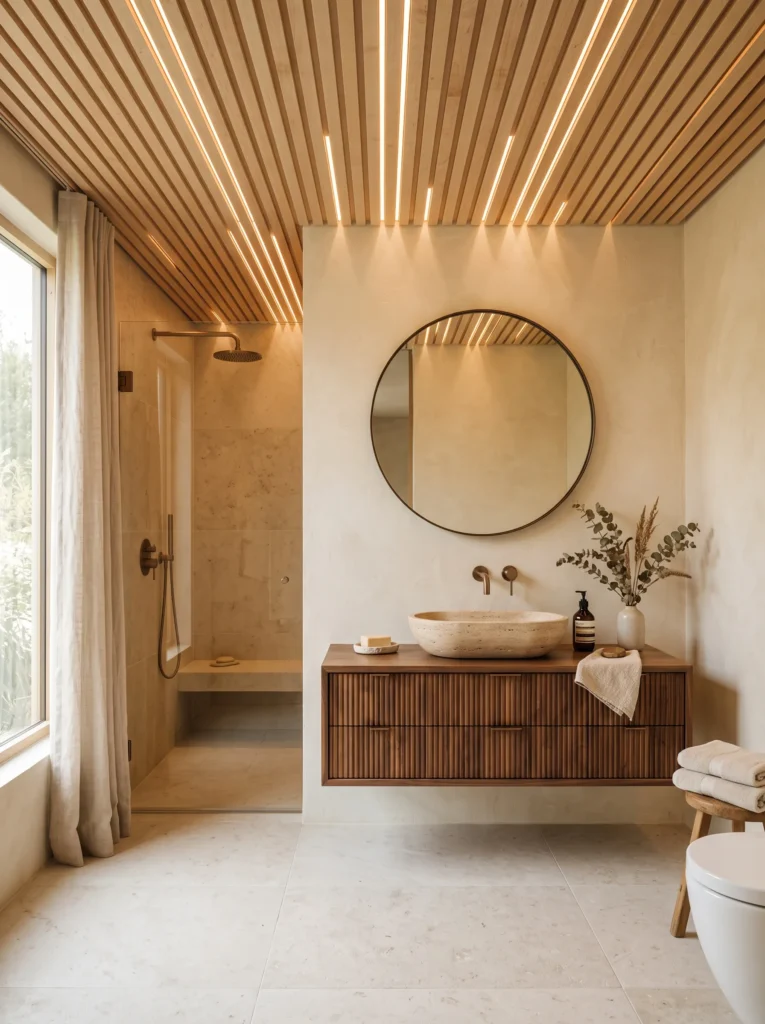 natural maple ceiling slats with concealed lighting in a luxury bathroom