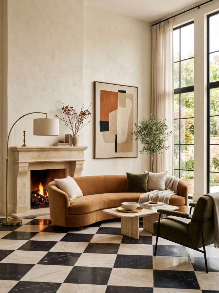 ivory checkerboard marble floor with limestone fireplace