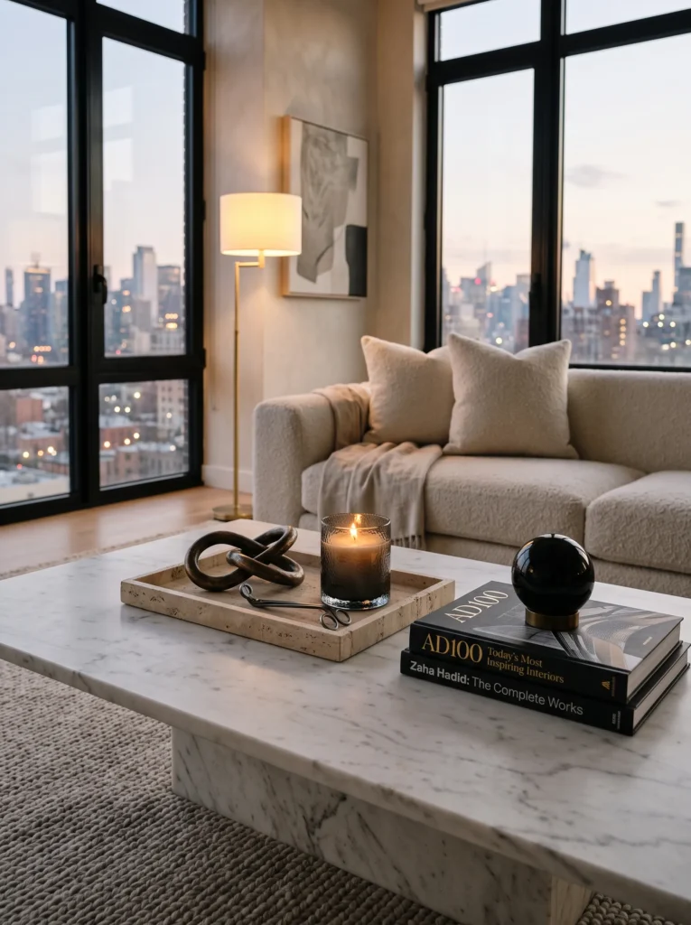 honed marble coffee table styled with travertine tray and bronze sculpture