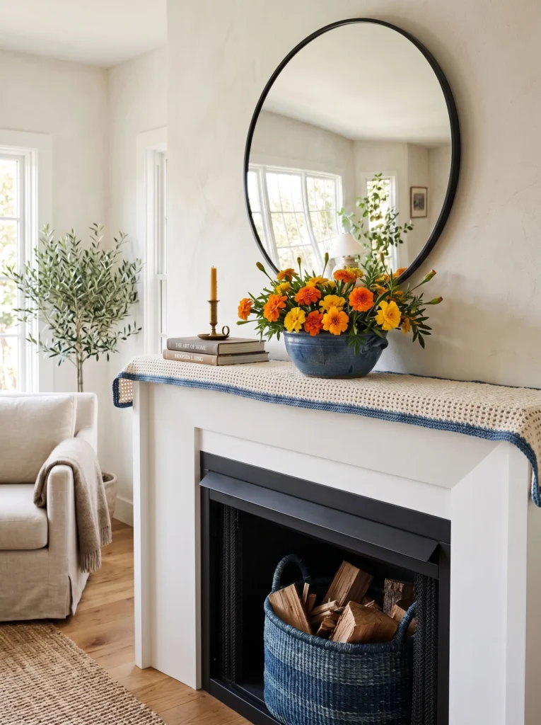 Denim-toned woven basket filling a fireplace firebox