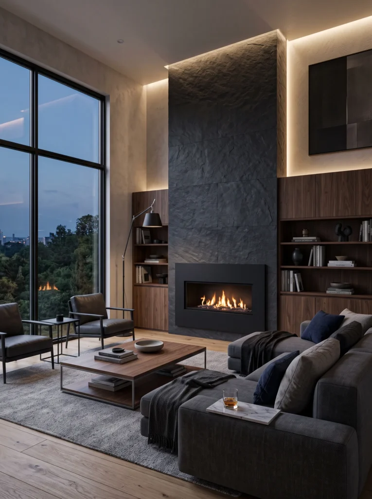 Matte black built-in fireplace in a contemporary masculine living room feature wall