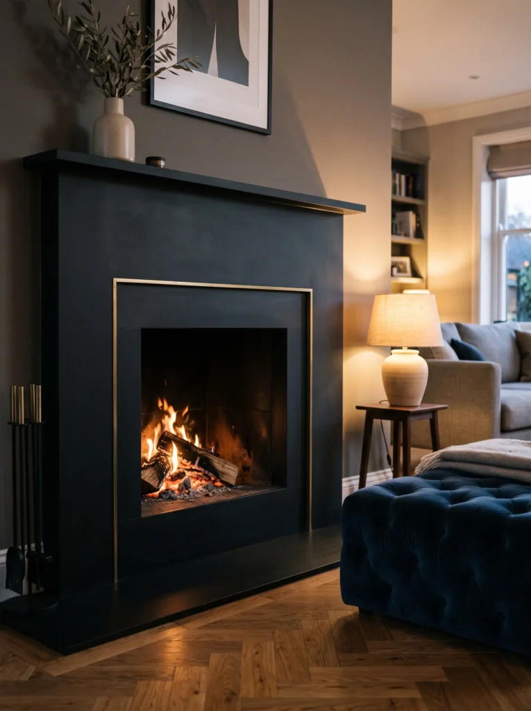 Matte black fireplace with antique brass inlay detail