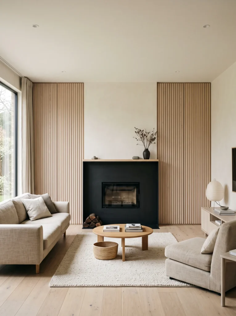 Matte black fireplace with fluted ash wood paneling in a Japandi living room