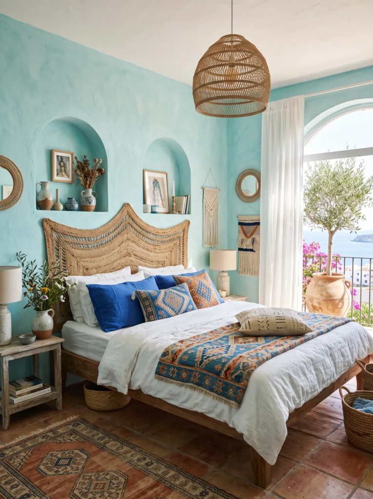 Mediterranean-style boho bedroom with turquoise walls and rattan headboard