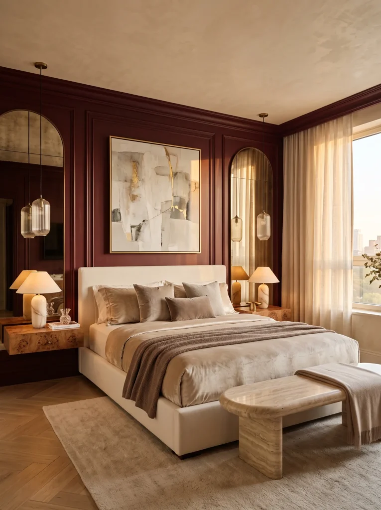 merlot red paneled wall with an oversized arched bronze mirror reflecting light