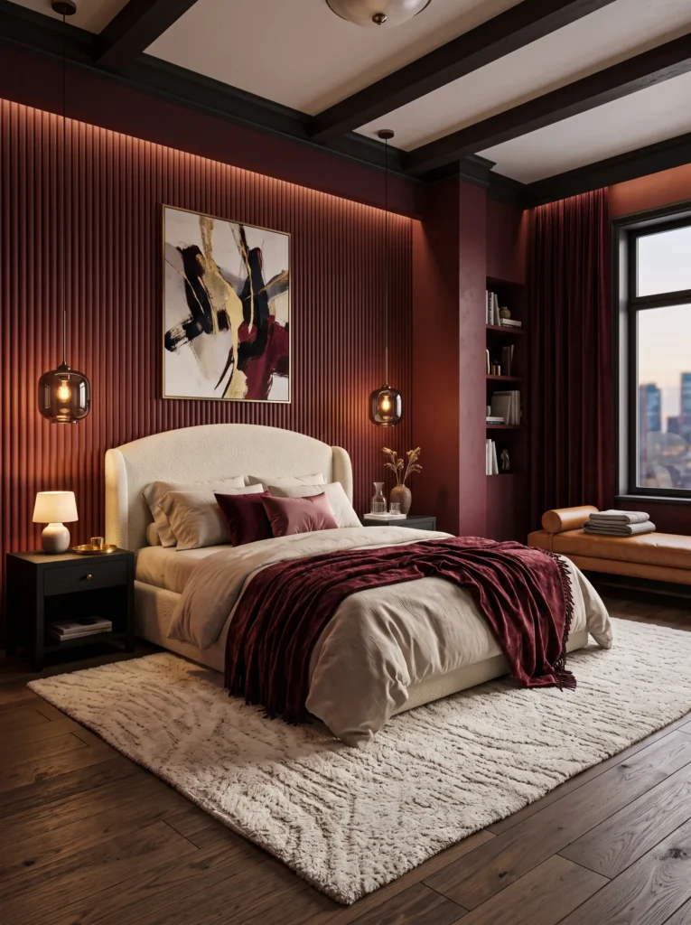 Merlot red bedroom with cream curved upholstered bed
