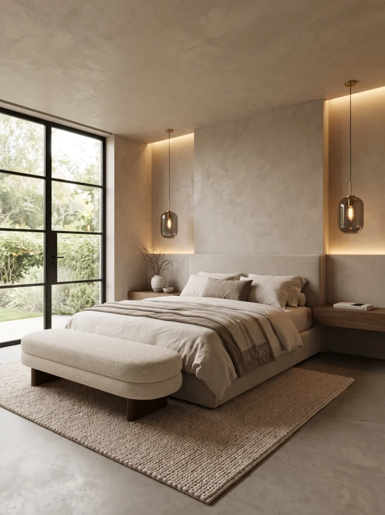 Seamless mushroom microcement walls with low-profile platform bed