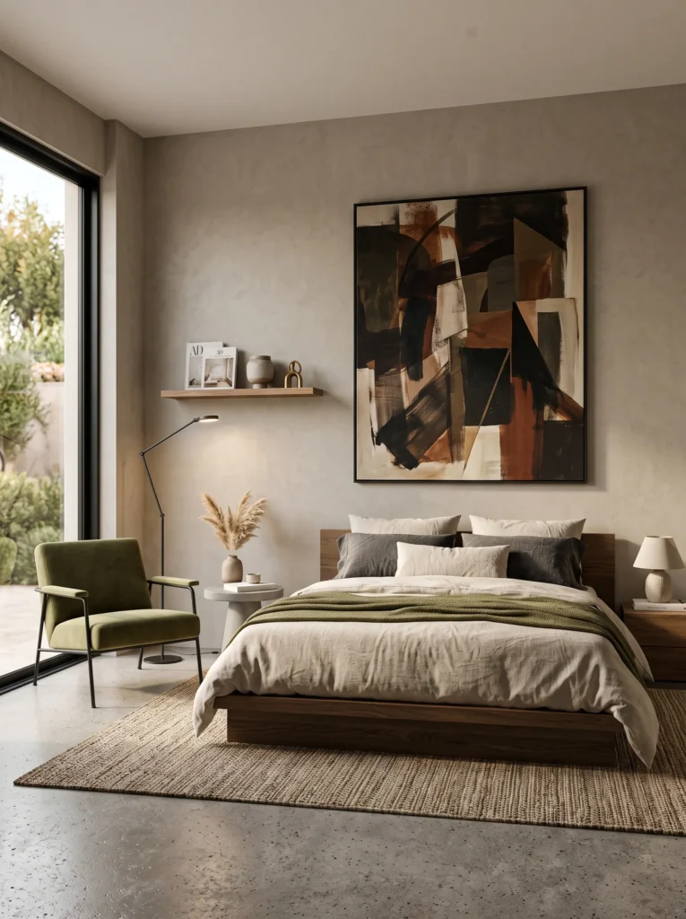 olive green accent chair against a microcement textured bedroom wall