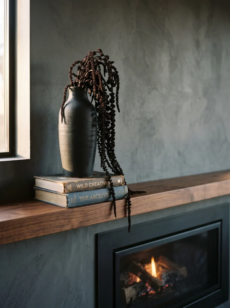 Dried black amaranth trailing from a stoneware vessel on a mantel