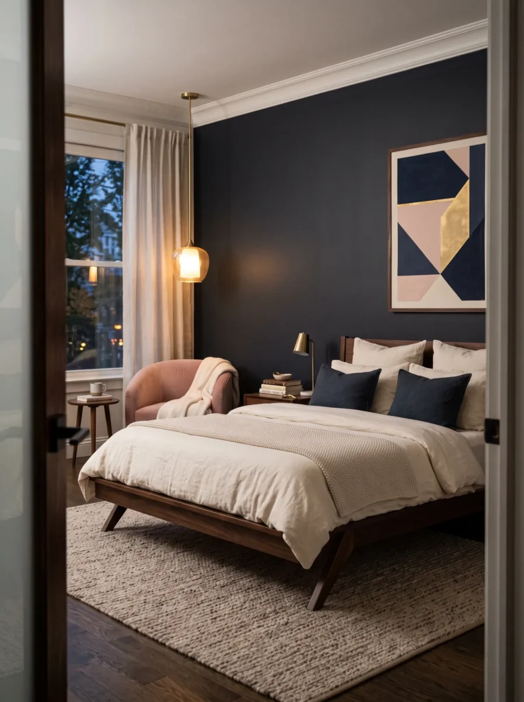 Charcoal-navy bedroom with a blush velvet chair and gold pendant light
