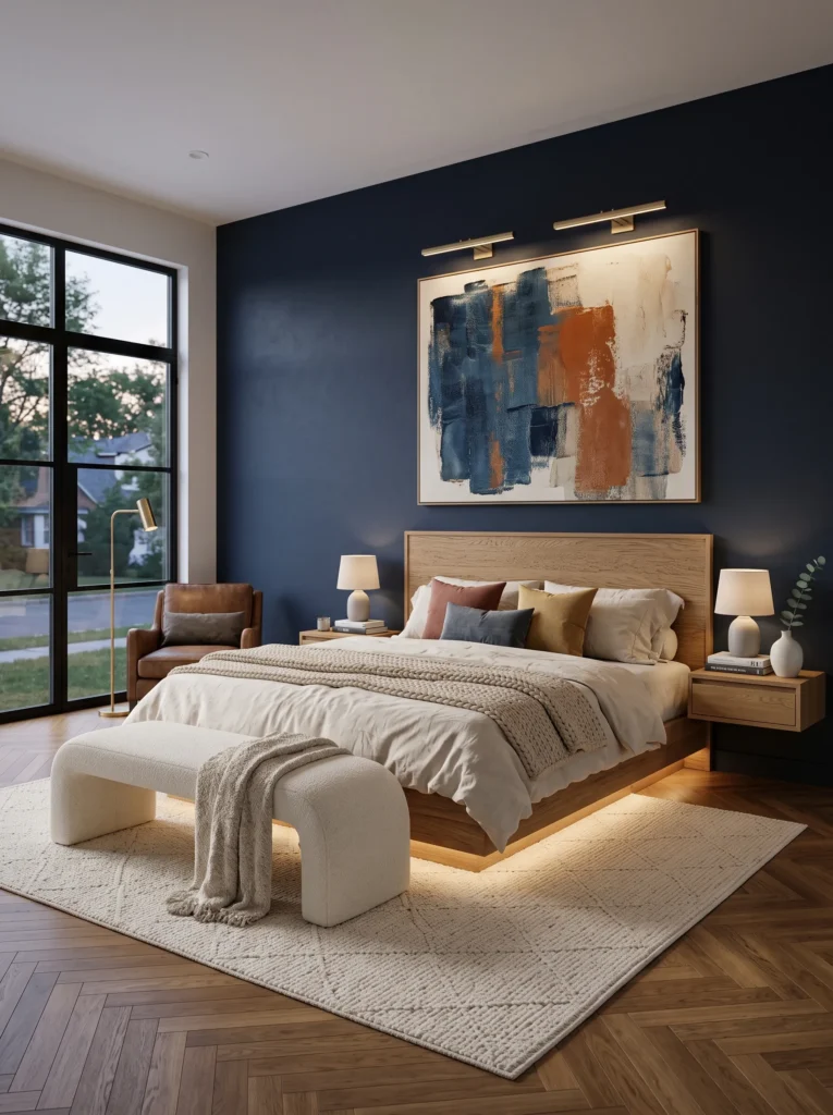 Midnight indigo bedroom with floating oak bed and gallery artwork