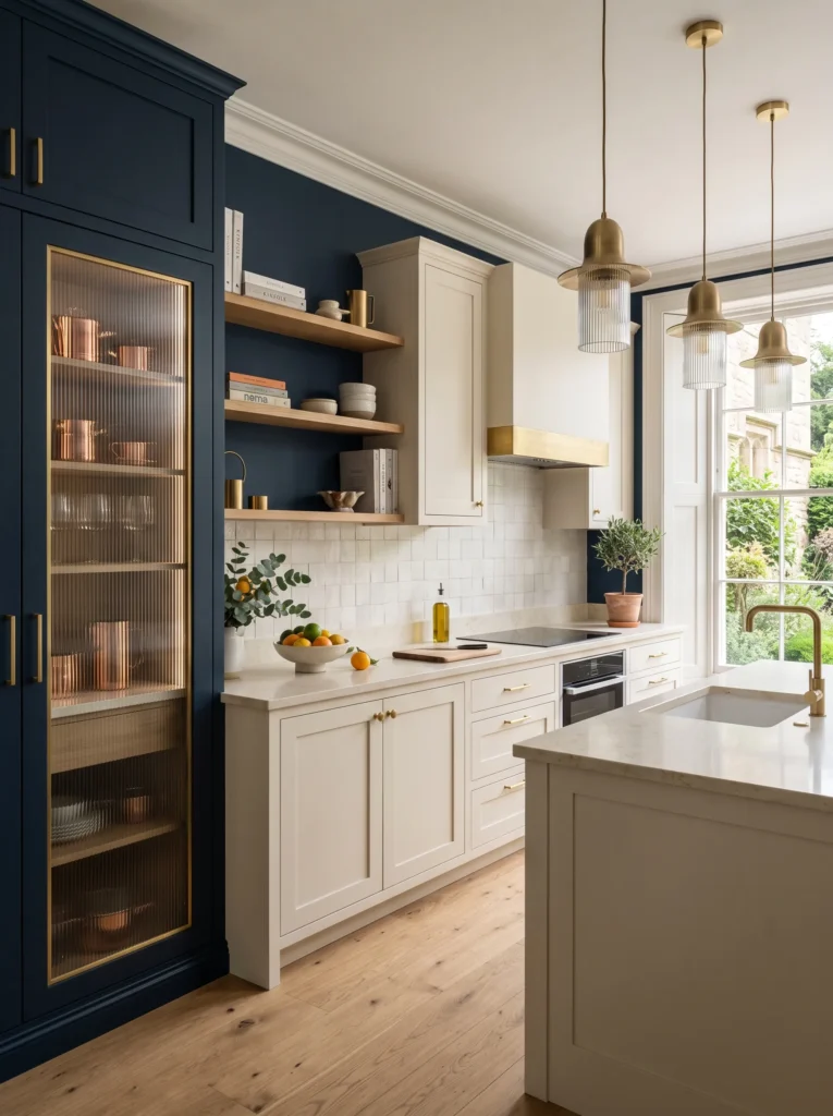  Modern small kitchen with dramatic midnight blue pantry wall, ivory cabinets, and fluted glass pantry door.
