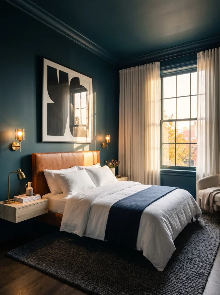 midnight teal color-drenched walls and ceiling with a cognac leather headboard and white linen bedding