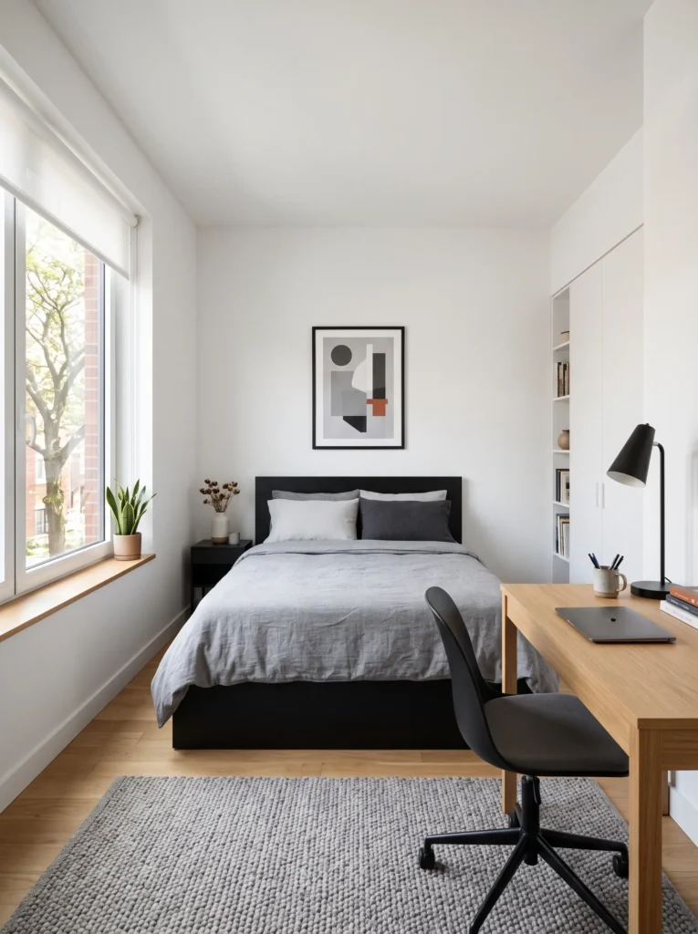 Minimalist dorm room with white walls, black platform bed, and gray bedding in Scandinavian-inspired styling — minimal dorm room ideas for guys.