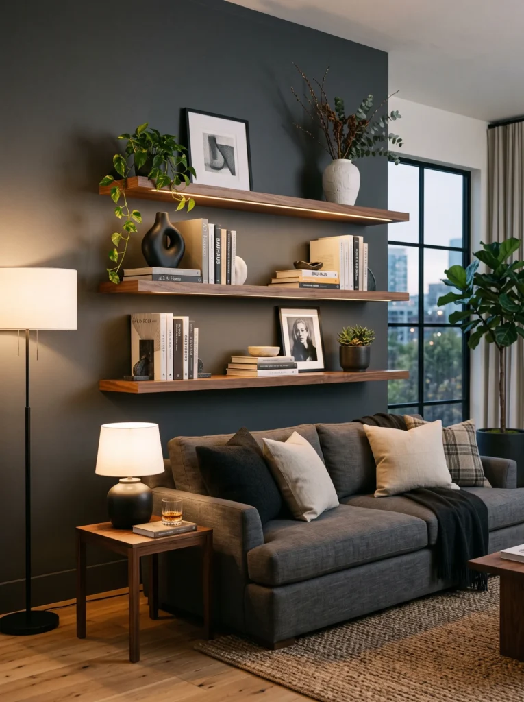 Floating walnut open shelves styled with books and decor in a masculine living room