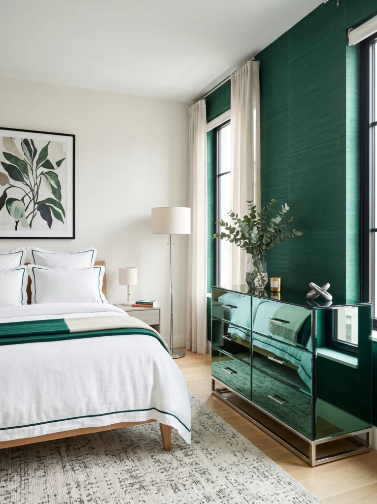 Mirrored emerald glass dresser against emerald grasscloth wallpaper