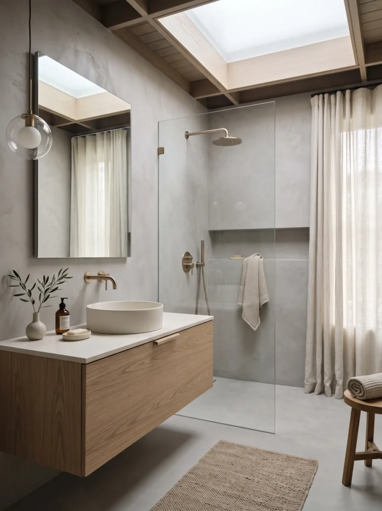 seamless mist gray microcement walls and flooring in a Japandi bathroom