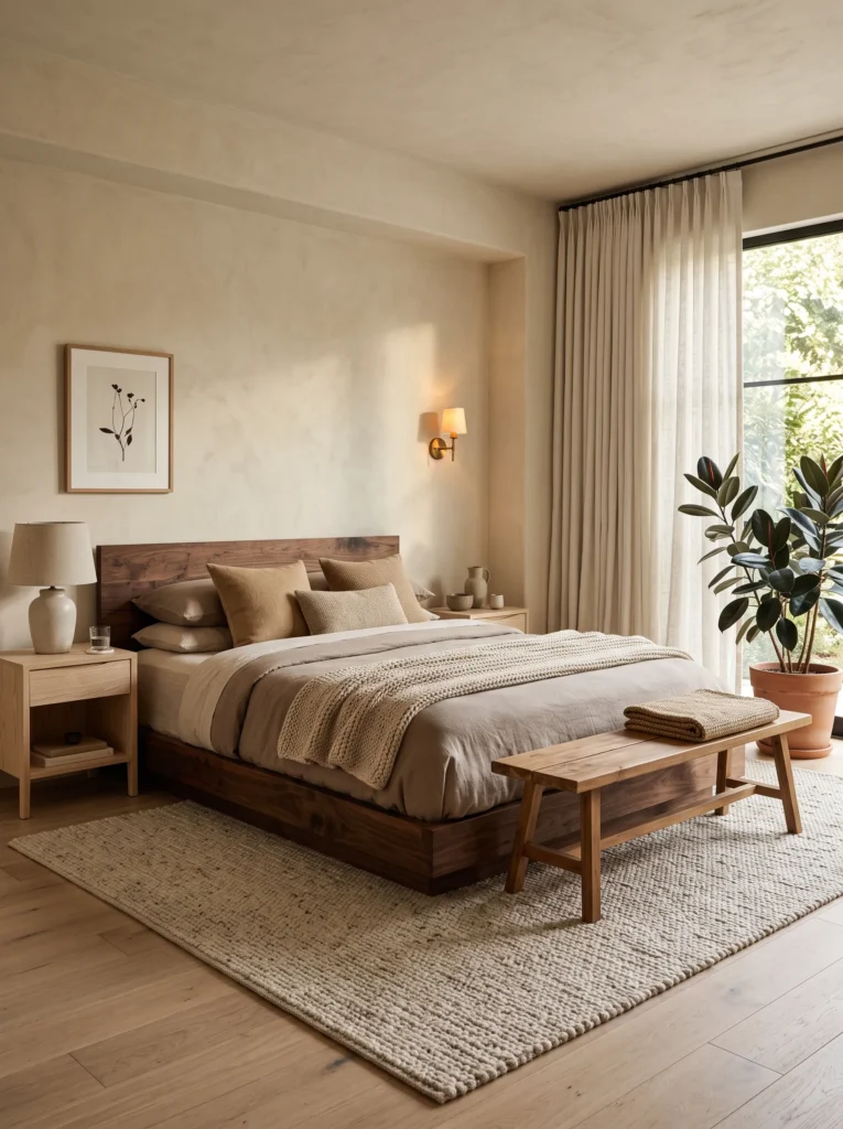 Mixed walnut, oak, and teak wood furniture finishes in a bedroom
