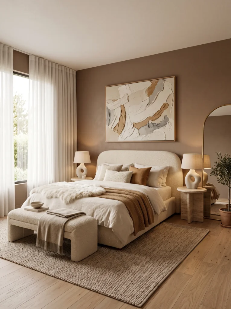 Mocha bouclé bedroom with plush upholstered bed and travertine nightstands