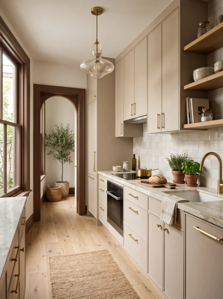 Compact kitchen with rich mocha brown painted door frame and trim against ivory walls and cashmere cabinets.
