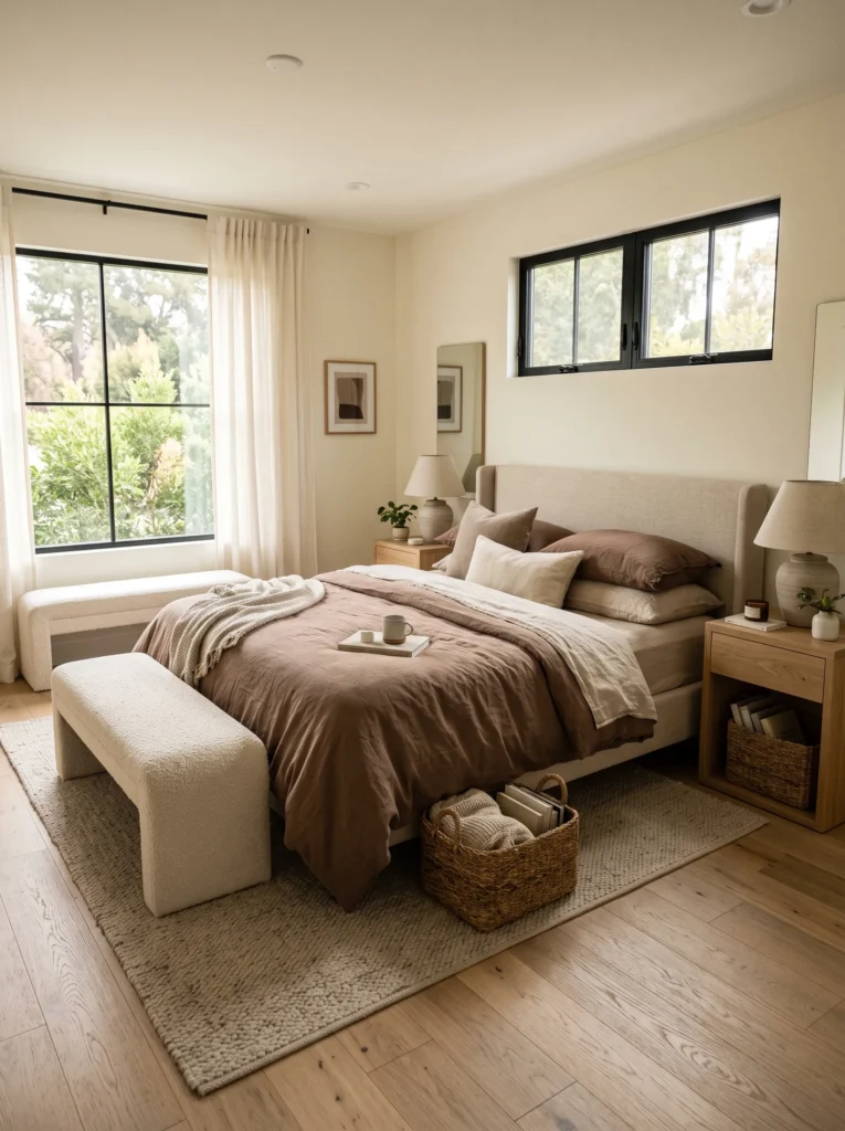 mocha linen bedding layered neutral bedroom