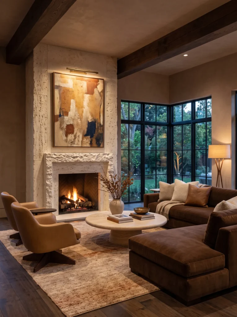 travertine fireplace with chocolate-brown velvet sectional in a luxury lounge
