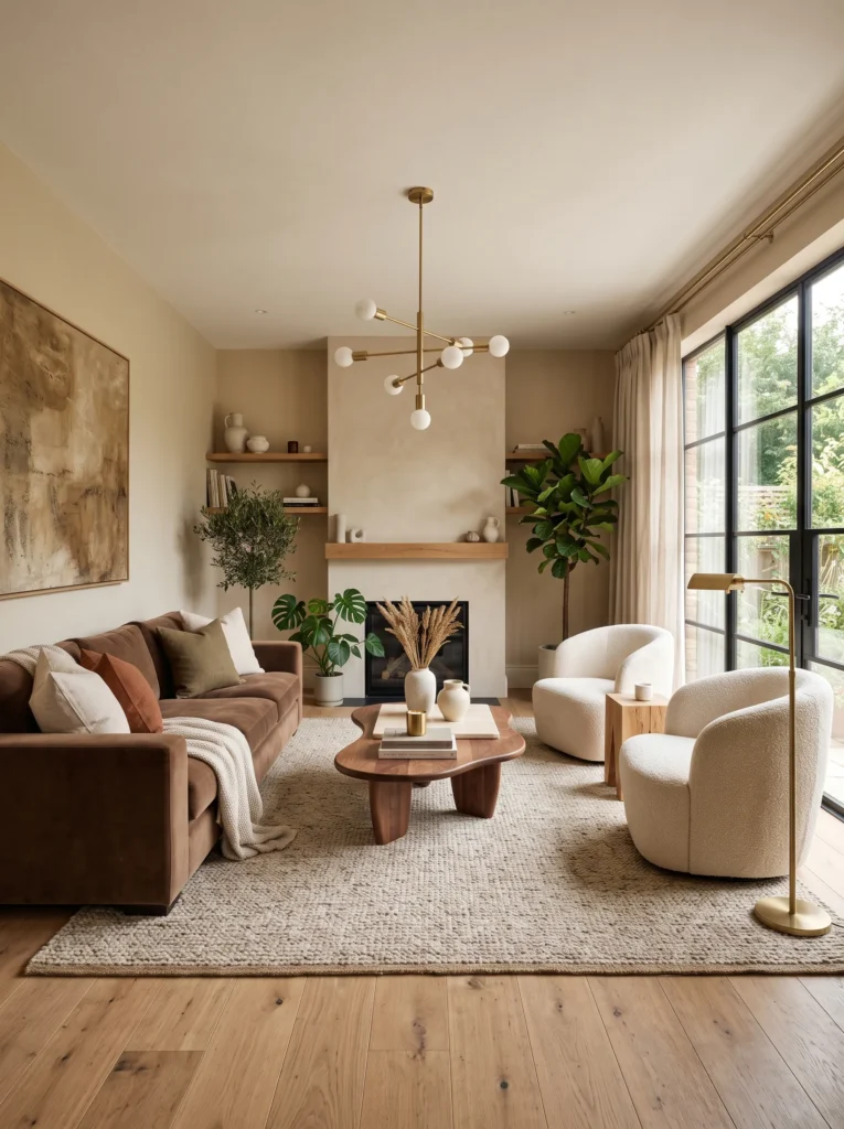mocha velvet sofa living room earthy color palette 2026