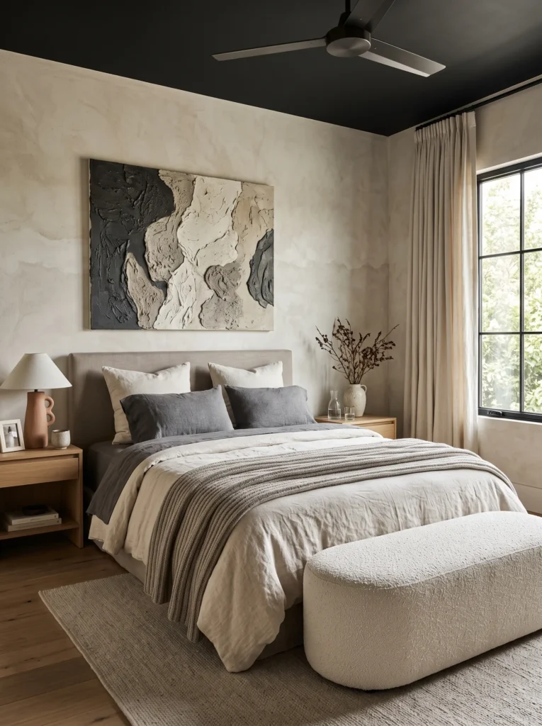 ribbed wool throw and bouclé bench in a textured monochrome bedroom