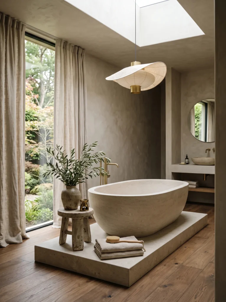 oval limestone soaking tub elevated on a monolithic stone plinth