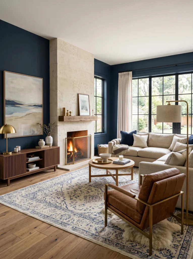 navy blue walls with creamy limestone fireplace and sand-colored sofa