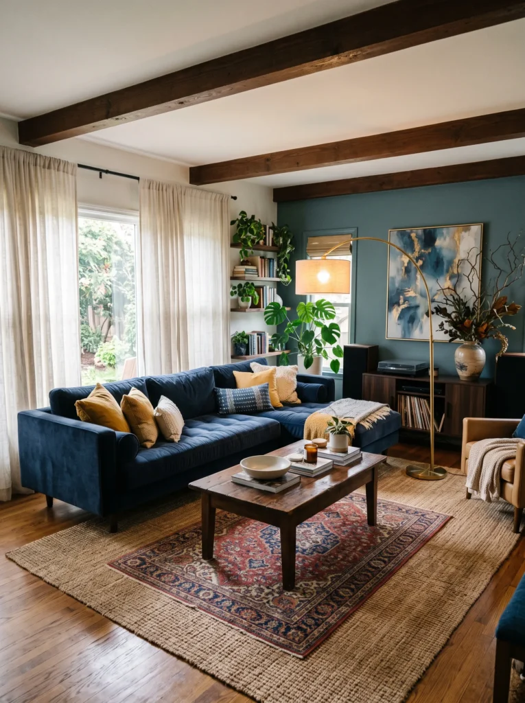 Moody Blue Velvet Living Room