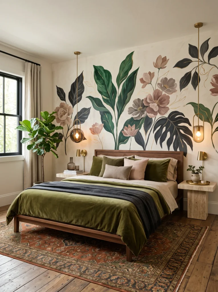 hand-painted emerald foliage mural with a walnut platform bed and brass pendant lights