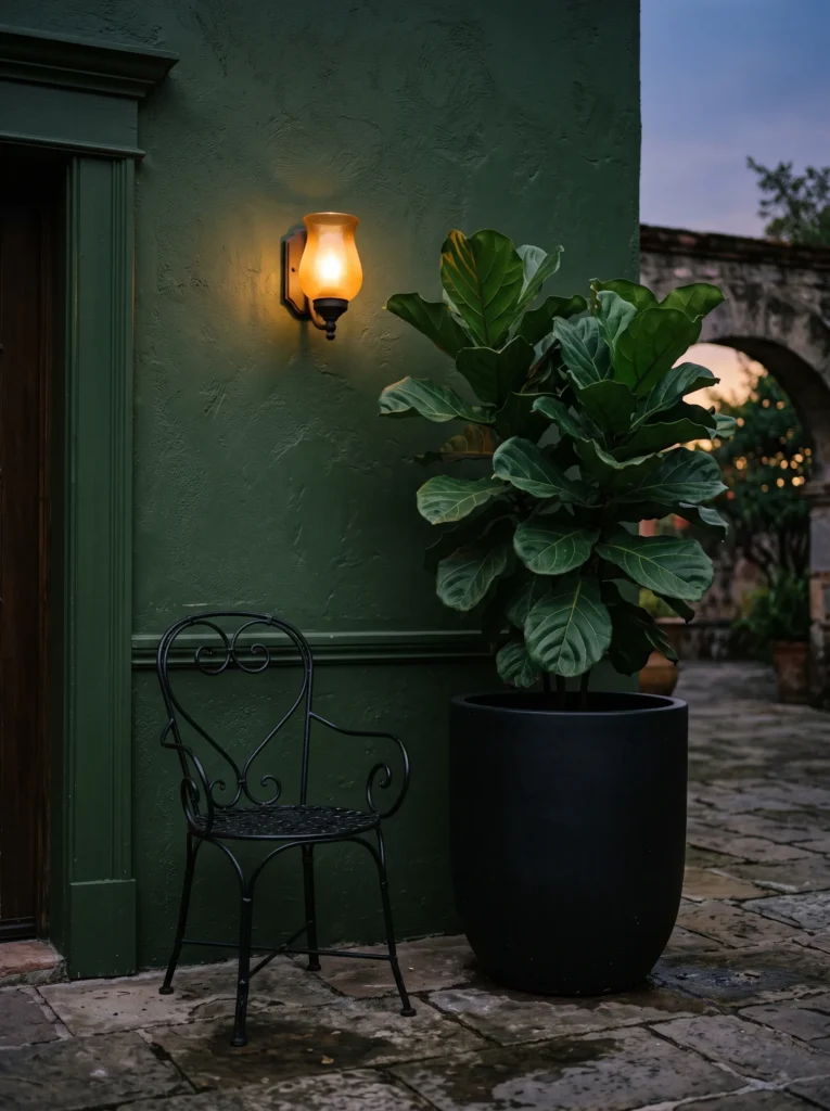 Black wrought iron chair beside an oversized leafy plant on a dark porch