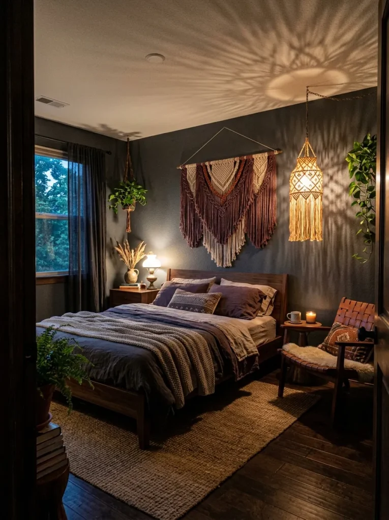 Moody macramé wall hanging with plum fringe against charcoal bedroom wall