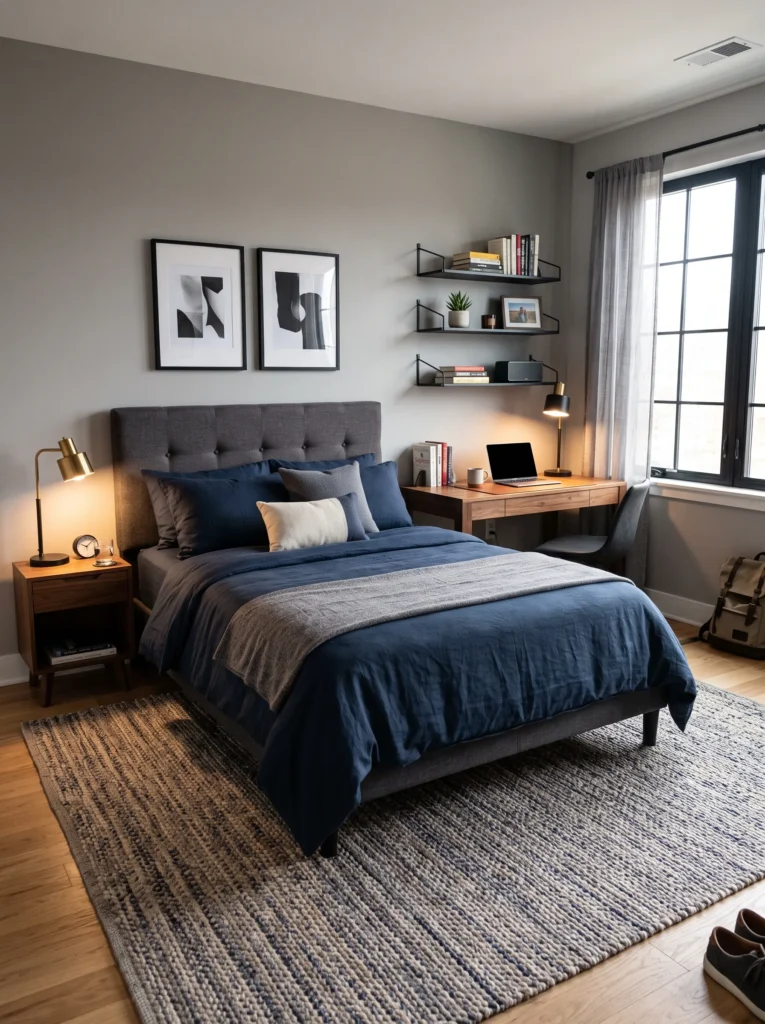 Sophisticated dorm room with deep navy bedding, walnut desk, and warm brass lamp — moody masculine dorm room ideas for guys.