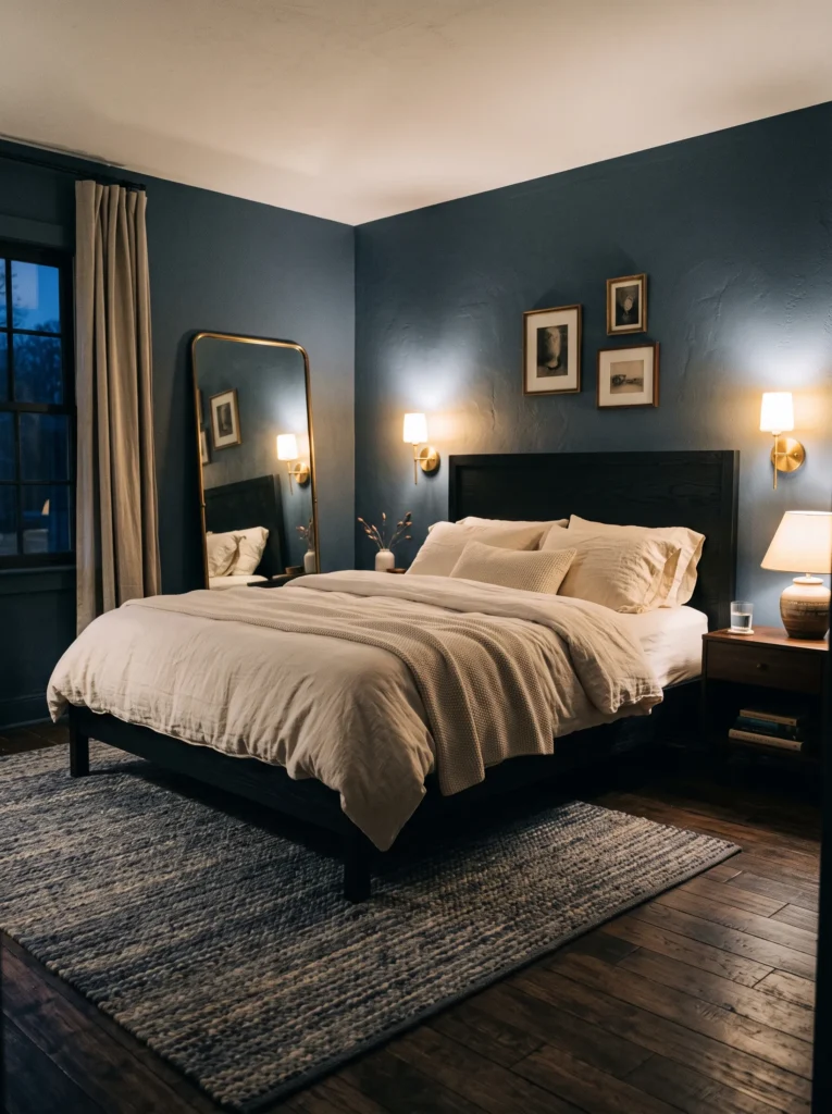 Slate blue Scandinavian bedroom wall with brass sconces and cream linen bedding