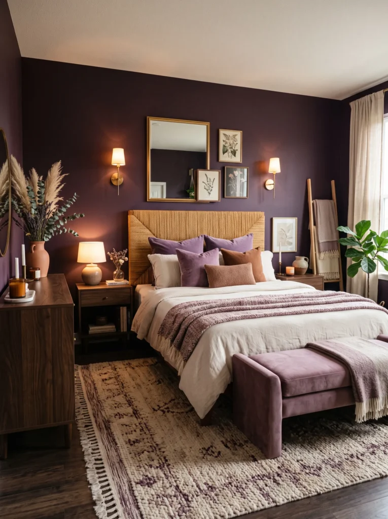 Moody plum bedroom with woven rattan headboard and brass lighting