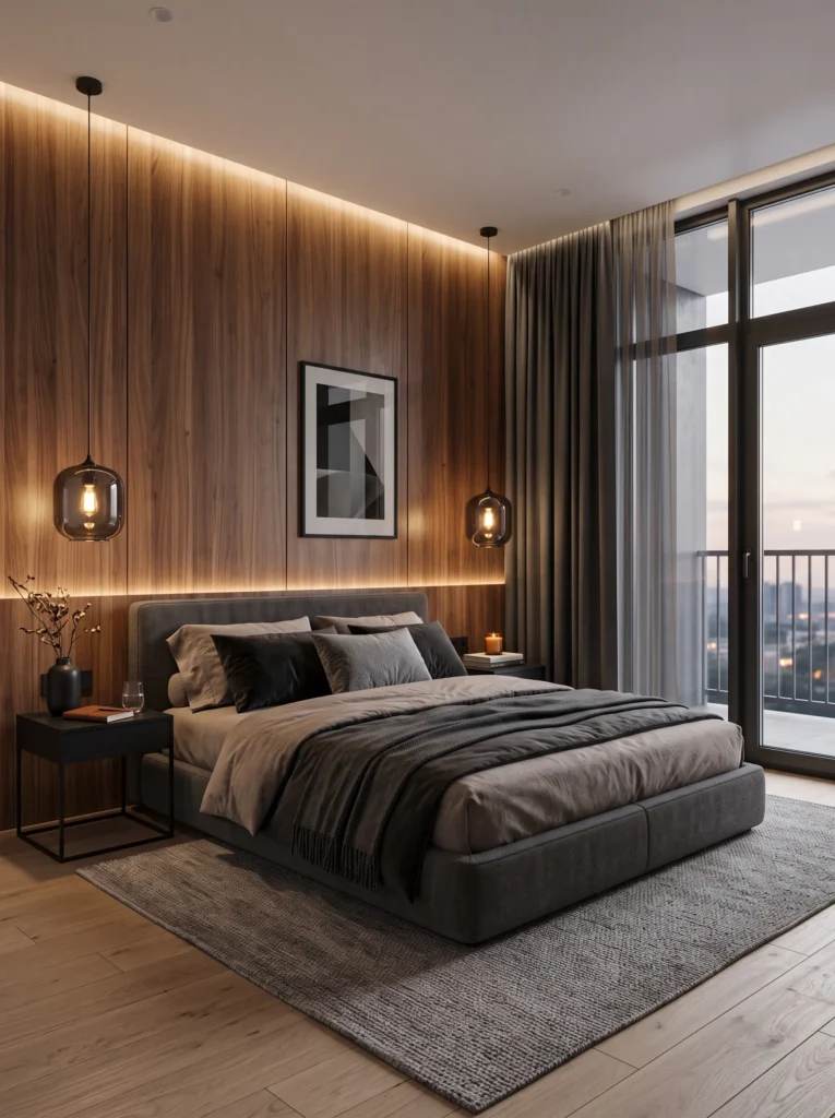  layered ambient lighting in a dark walnut-toned men's bedroom retreat>